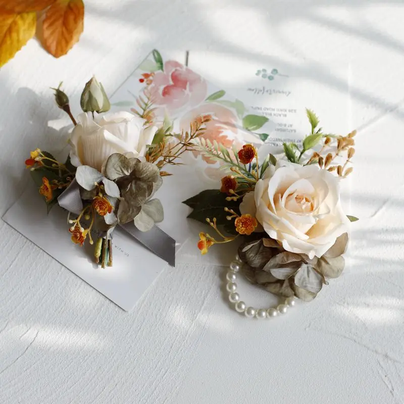 

Vintage Rose Flowers Boutonnieres Wrist Corsage Bridesmaid Wedding Accessories бутоньерки на свадьбу