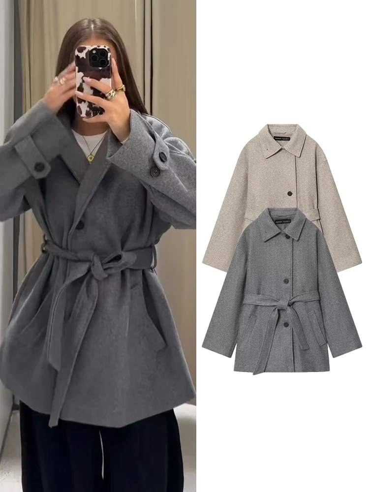 

﻿ Длинное пальто из смесовой шерсти для женщин, новинка 2025, осень-зима, теплая свободная верхняя одежда на шнуровке, модное двустороннее пальто с поясом и воротником-стойкой