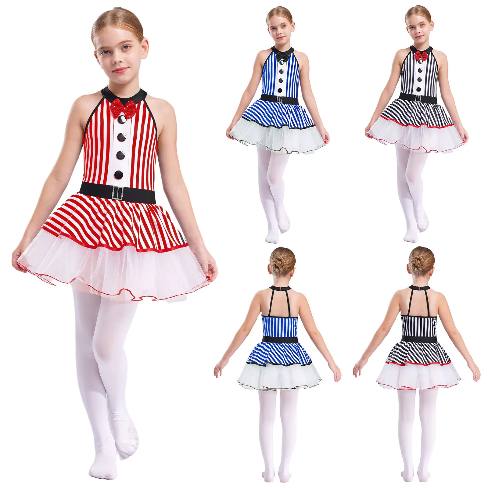 أطفال بنات السيرك Ringmaster ازياء مخطط رداء رقص الباليه فستان الرسن مطرزة Bowknot توتو الجمباز تجريب Dancewear