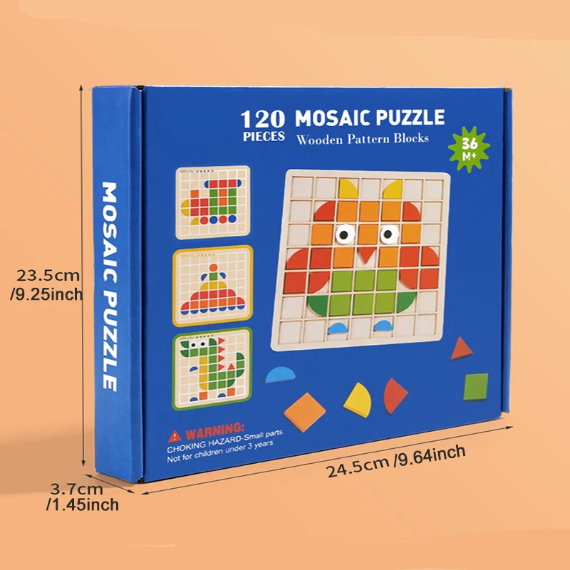 Wooden Montessori 120pcs PuzzleToys Mosaic Color Shapes Sensory Game Early Educational Toy Jigsaw Pattern Blocks for Toddler's