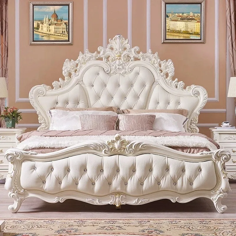 Majestic European Genuine Cowhide Leather Bed King Size White Carved Wood Frame Wedding Bed Bedroom Furniture Home Furniture Set