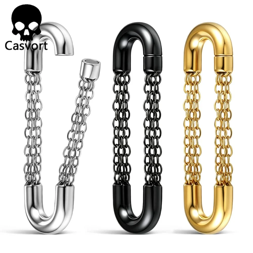 Casvort 2PCS 316L Stainless Steel Chain Link Ear Weights Hanger Magnetic Closure Oval Ear Gauge Plug Stretched Lobes Piercing 2G