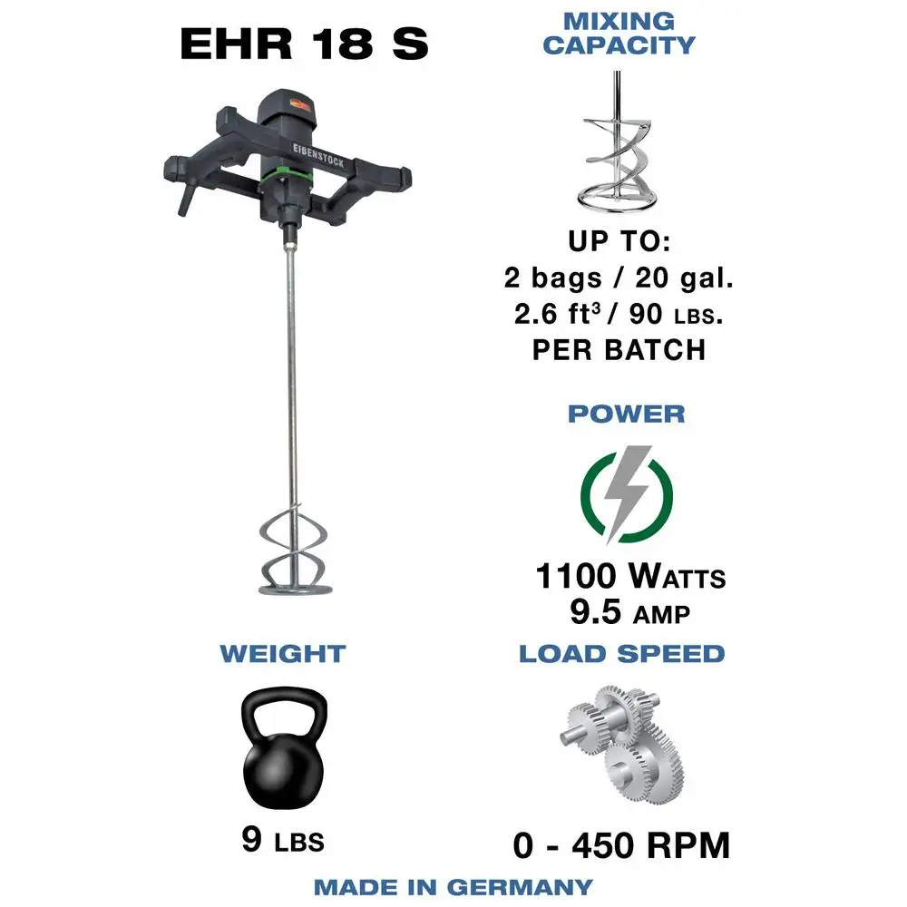 휴대용 핸드헬드 전기 콘크리트 믹서, 가변 속도 제어, WG 120 패들, 9.5 앰프, 110 VAC, 700 lb/hr 믹싱
