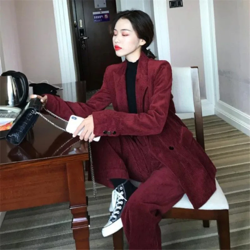 Insozkdg Frühling Herbst Casual Cord Lange Ärmel Blazer Breite Bein Hosen Sets Pendler Einfarbig Alte Anzug Hosen Zwei Stück Set