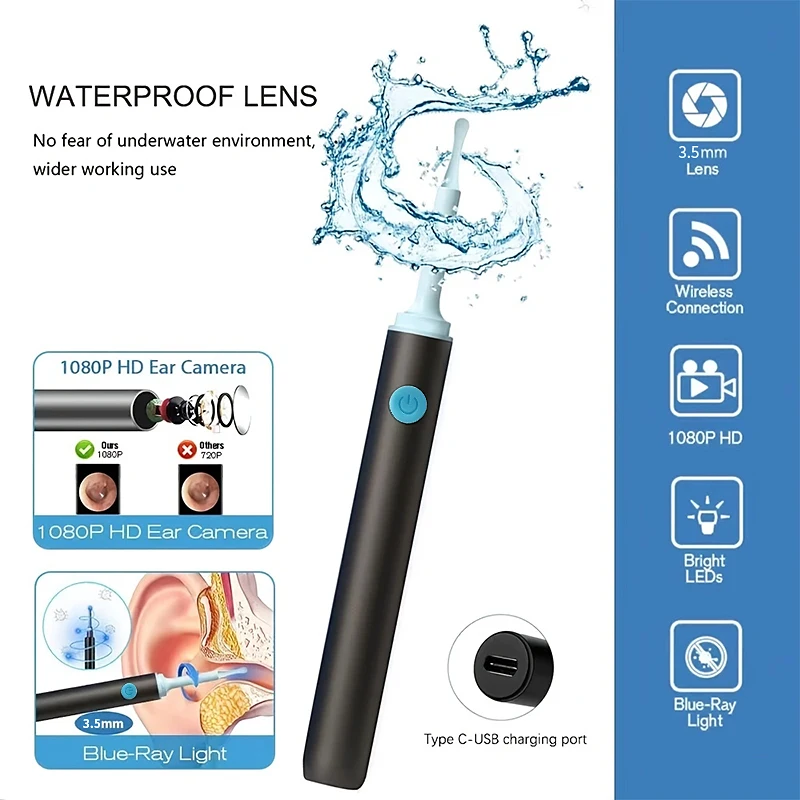 مزيل شمع الأذن المرئي، أداة تنظيف الأذن مع أداة إزالة شمع الأذن بالكاميرا مع عصا ريش الإوز ومغرفة الأذن #3