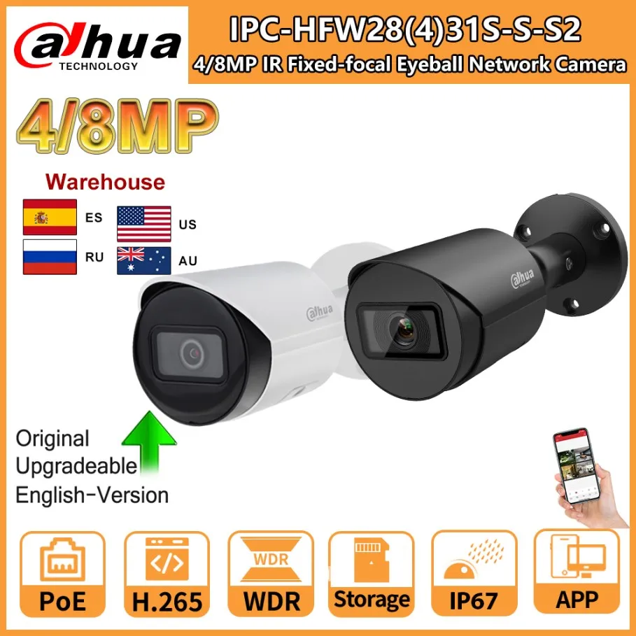 

Dahua 8MP IPC-HFW2831S-S-S2 4K Security Bullet Camera 4MP IPC-HFW2431S-S-S2 PoE IR SD Card Slot Starlight Video Surveillance