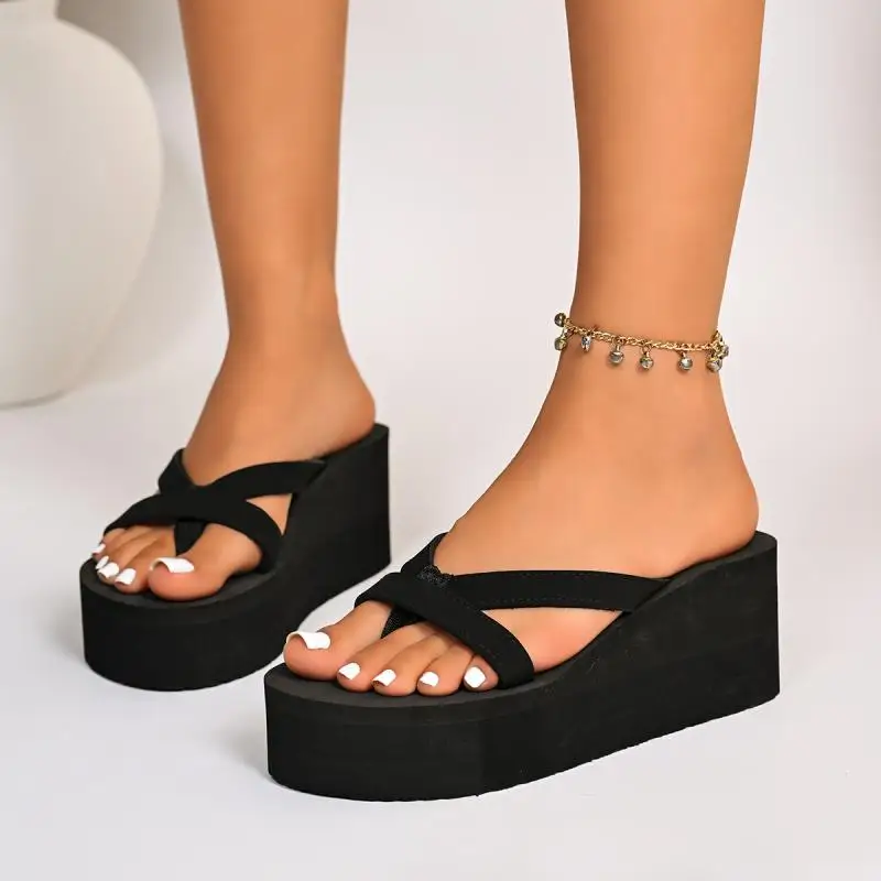 Damen Schwarze Schlichte Chunky Plateau-Flip-Flops Sommer 2026 Zehensteg-Slipper mit Keilabsatz Bequeme Leichte Sandalen für Frauen – Detail 4