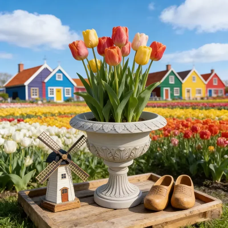 Hand Painted Resin Flower Pot with Floating Tulip Art Statue Decor Creative Garden Planter Wind Chime Ornament for Home Patio