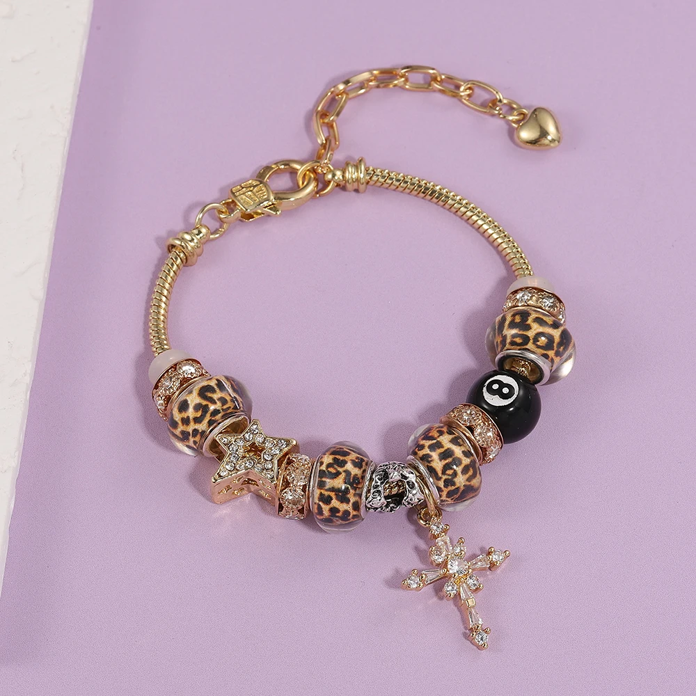 Pulsera de cuentas de leopardo con circonita dorada n.º 8, estilo billar, para mujer, moderna, retro, elegante, exquisita, de lujo, joyería de alta gama