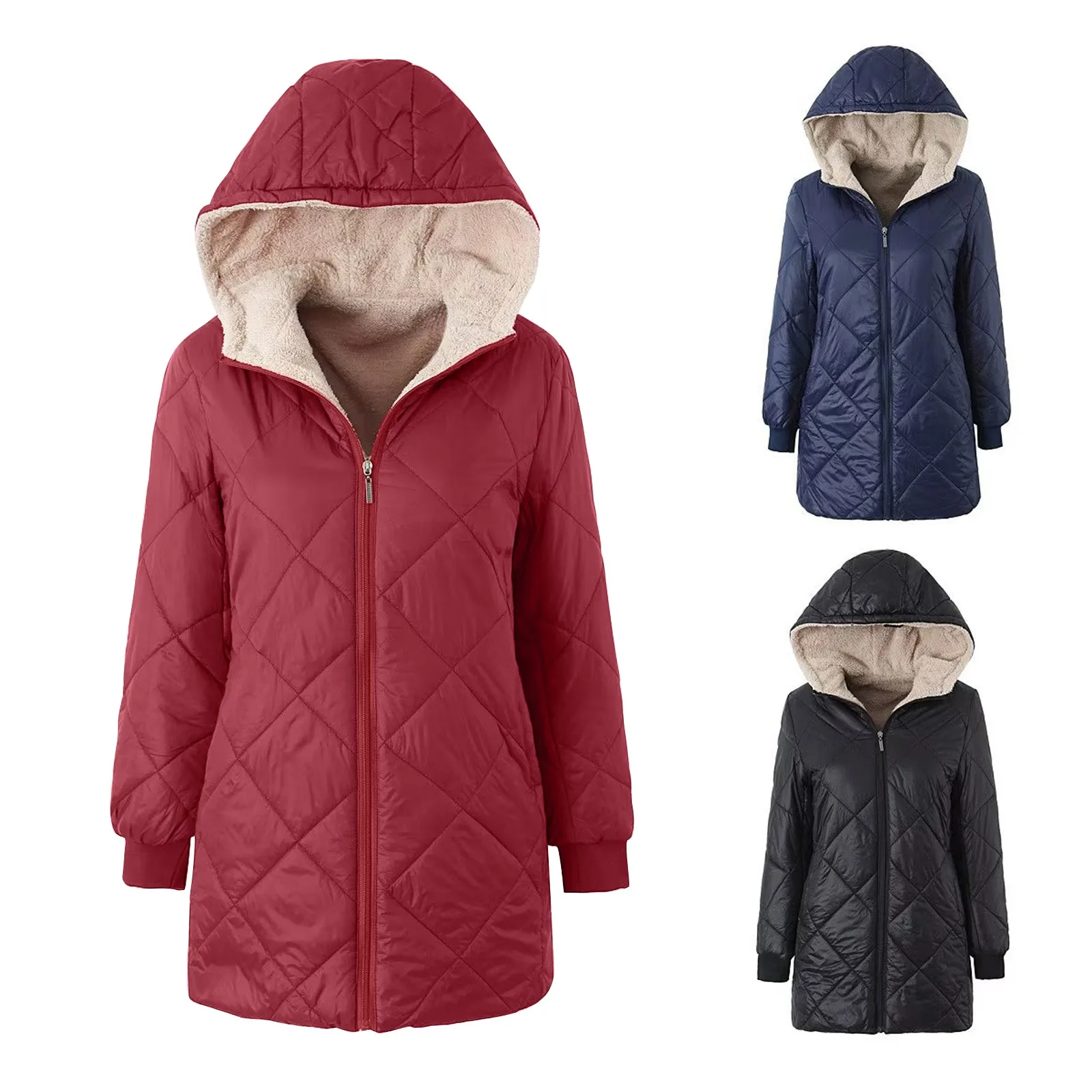 Women Mid-length Hooded Cotton Jacket 2023 Spring Lightweight Plush Lining Solid Ladies Parka Loose Female Zipper Outwear