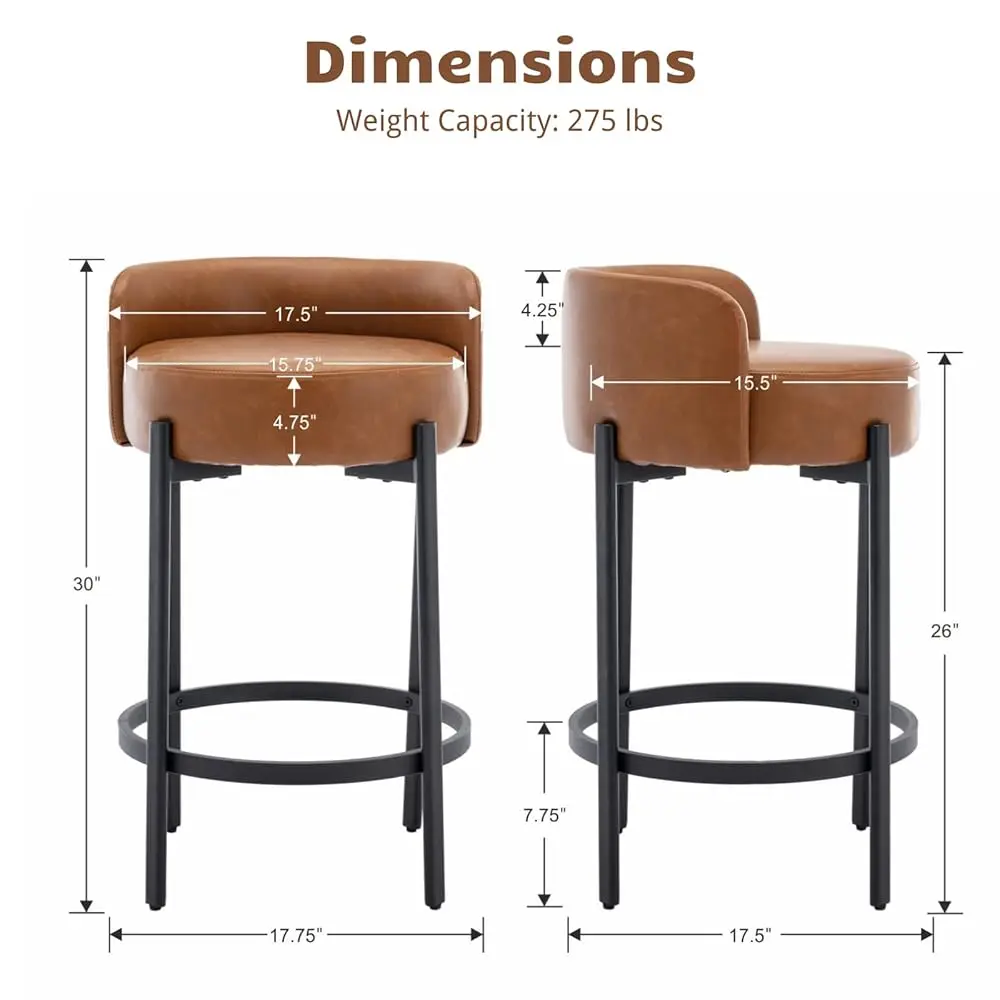 Counter Height Bar Stools Set Of 2, 26 Hes Counter Height Stool With Backs, Upholstered Pu Leather Barstools For Kitchen