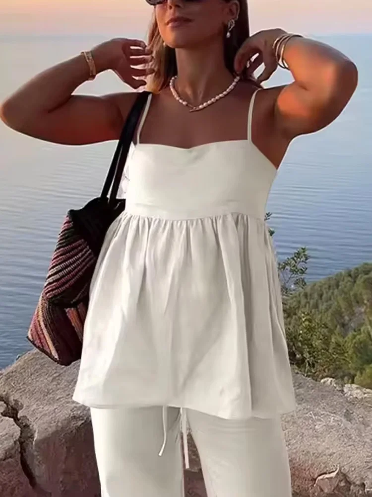 

HH женский модный костюм, однотонный плиссированный топ без рукавов на молнии с открытой спиной + свободные длинные брюки с высокой талией и эластичной резинкой на талии