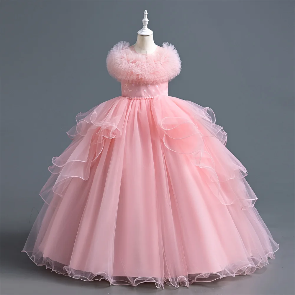 Fancy Puffy Flower Girls Ruffles Soft Tulle Sequined Party Dress Teenage Girls Birthday Gowns White Pink Light Blue Long Dress