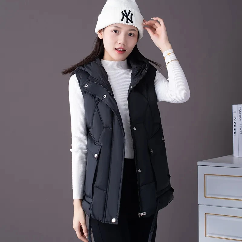 2024 New Autumn Winter Women Puffer Parkas Vest Fashion Warm Black Hooded Down Coat Parka Ladies Sleeveless Waistcoats