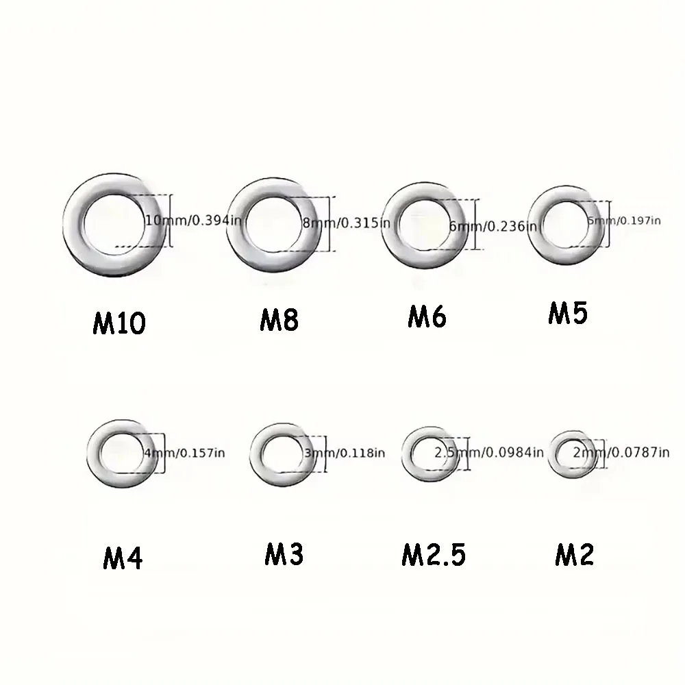 180/360/580pcs 304 Stainless Metal Fasteners Steel Flat Washers Set Home Decor Factory Repair Kitchen M2 M2.5 M3 M4 M5 M6 M8 M10