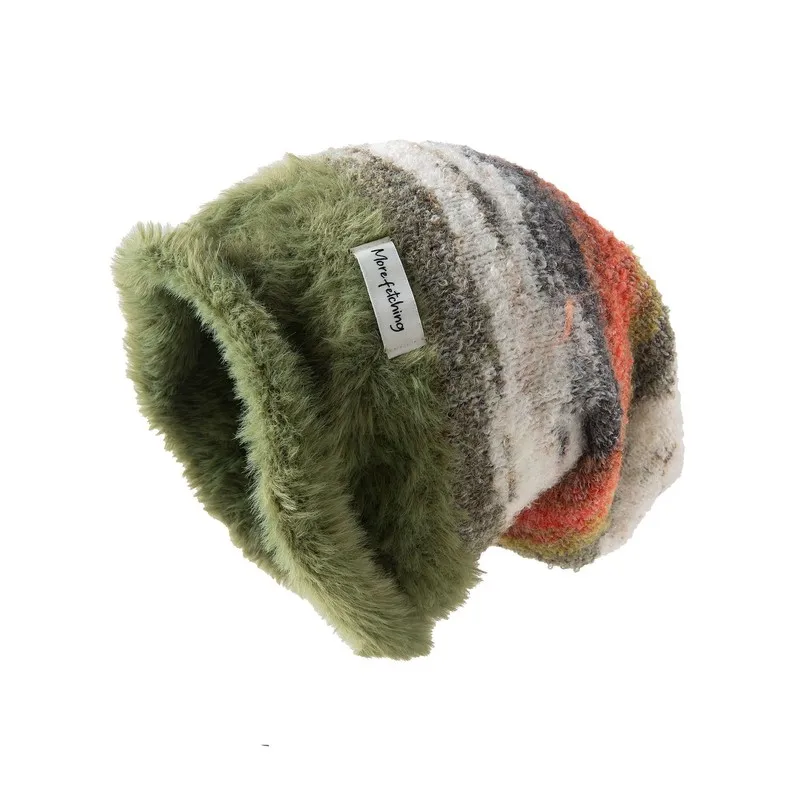 Women's Color Block Slouchy Knit Beanie Earflap Winter Hat Thick Warm Large Circumference Face Slimming Baggy Cap Accessory