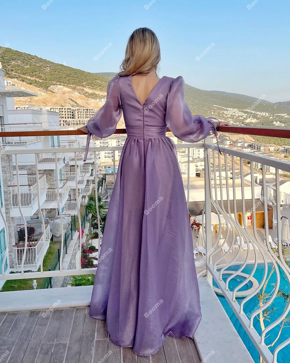 Booma Purple A Line Fomal Evening Deress V Neck Long Sleeves Organza  Prom Gowns Floor Length Party Events Dresses for Women