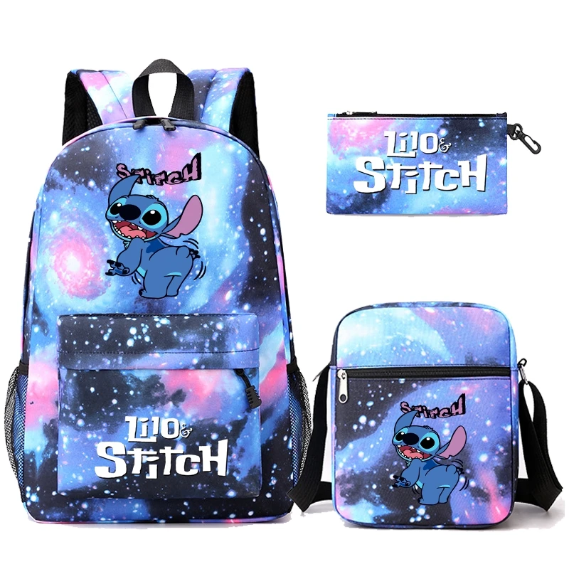 Tas punggung Disney Lilo Stitch 3 buah/set, tas ransel perjalanan dengan tas bahu tempat pensil untuk remaja, tas sekolah berpergian