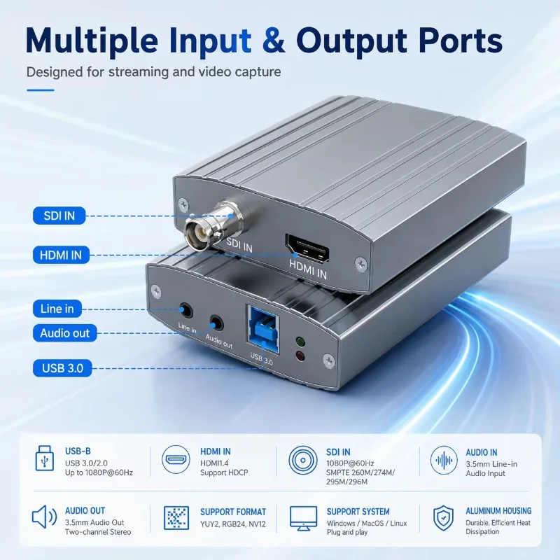 SDI HDMI 1080P60 Capture Card USB3.0 Driver Free 3.5mm Line In&Out for Broadcast Live Streaming Video Grabber