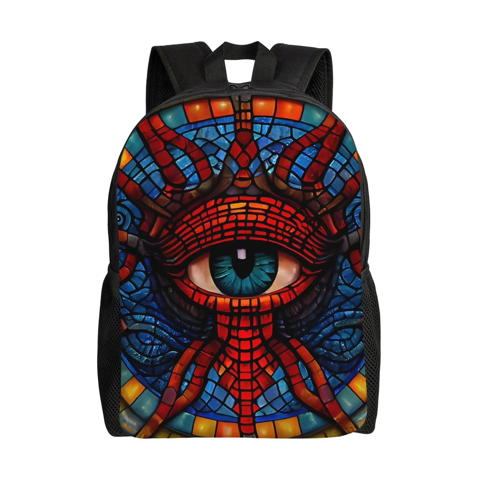 

Eye of Truth Backpack - Dyed Mummy Eyes and Egyptian Anubis Printed School Bag, Black/Blue/Gold Laptop Day Backpac