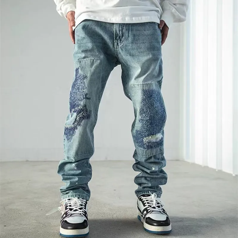 2023 Y2K Streetwear Patch Embroidery Ripped Stacked Jeans Pants Men Clothing Straight Old Hip Hop Denim Trousers Pantalon Homme