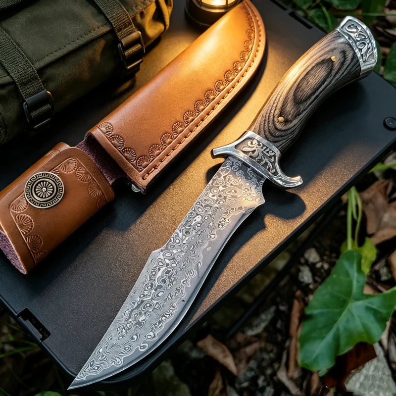 Damascus Pattern Fixed Blade Collectible Knife, Patterned Wood Handle Hand Craft Display Tool with Protective Sheath for Camping