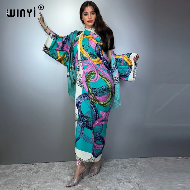 

WINYI summer cardigan beach Long dress two-piece suit for women Bohemian Print maxi Dress Women Floor Length vacation kimono