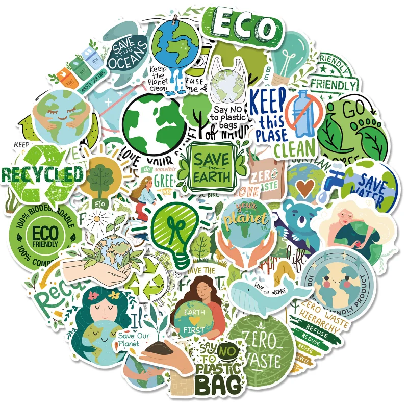 10/30/50Pcs Protect The Environment Green Ecology Stickers Pack for Teens and Adults - DIY Phone Guitar Laptop  Car Decoration