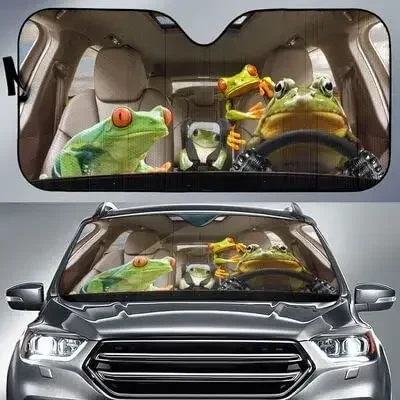 Funny Green Frog Family Left Hand Drive Car Sunshade For Frog Lover, Frogs Funny Animals Driving Auto Sun Shade, Gift For Green