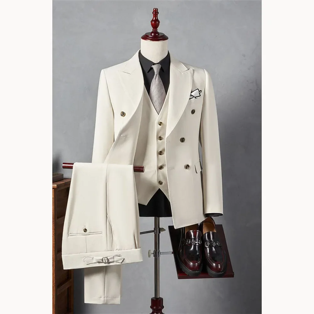 

White Men Suit Three Pieces(Jacket+Pants+Vest) Slim Fit Customized Cream Lapel Wedding Business Adjustable Buckle Set