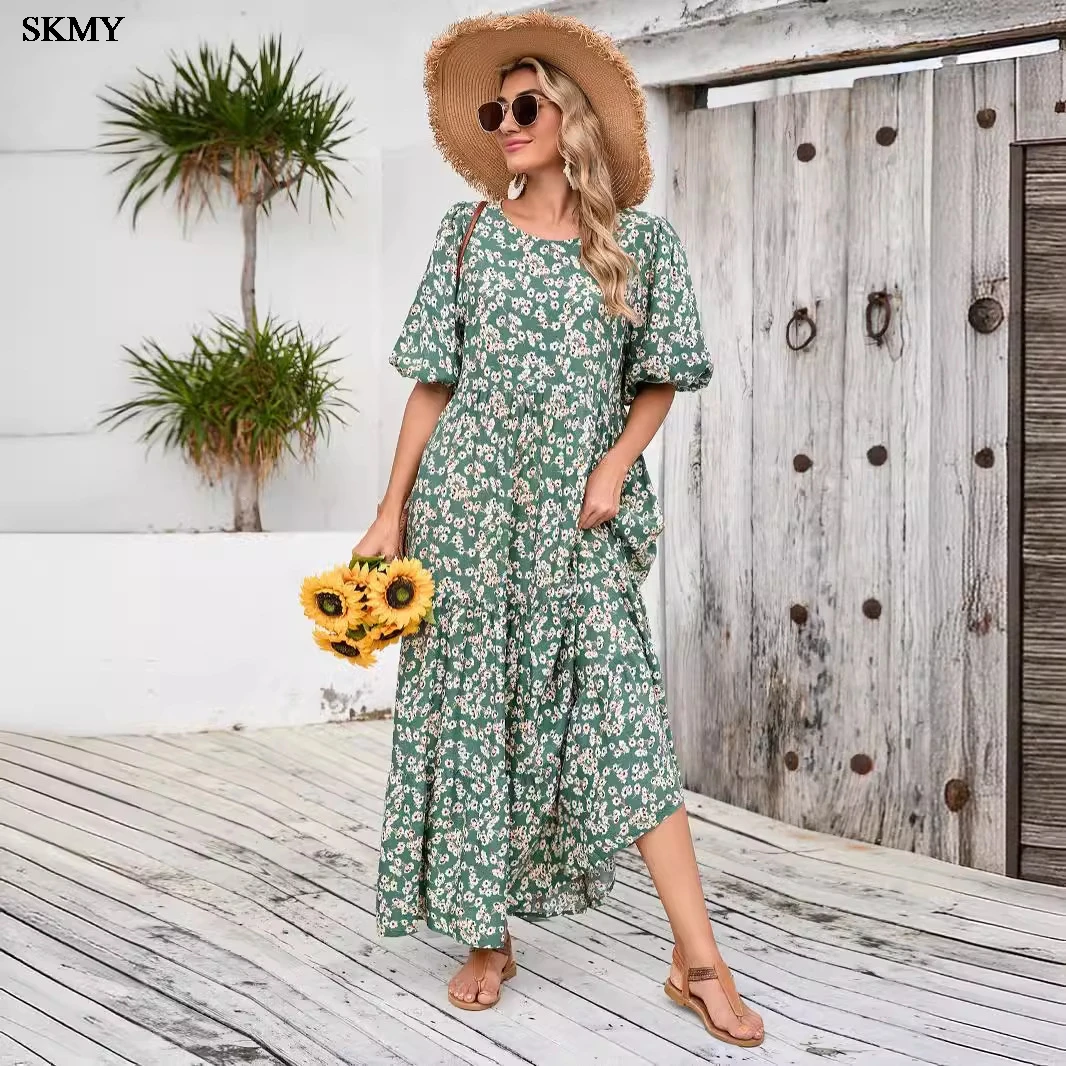 SKMY-Robe Longue à Manches Mi-sulfet Col Rond pour Femme, Vêtement Rétro Décontracté, Style Moyen-Orient