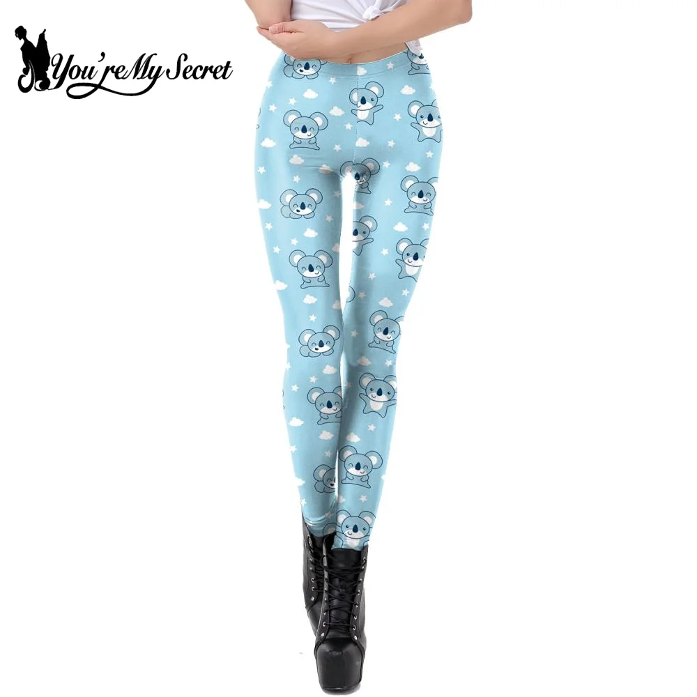 [You're My Secret] Blue Cartoon Bear Print Leggings Cute Sexy Slim Tights Trousers Soft Elastic Women Pants Fitness Yoga Bottoms