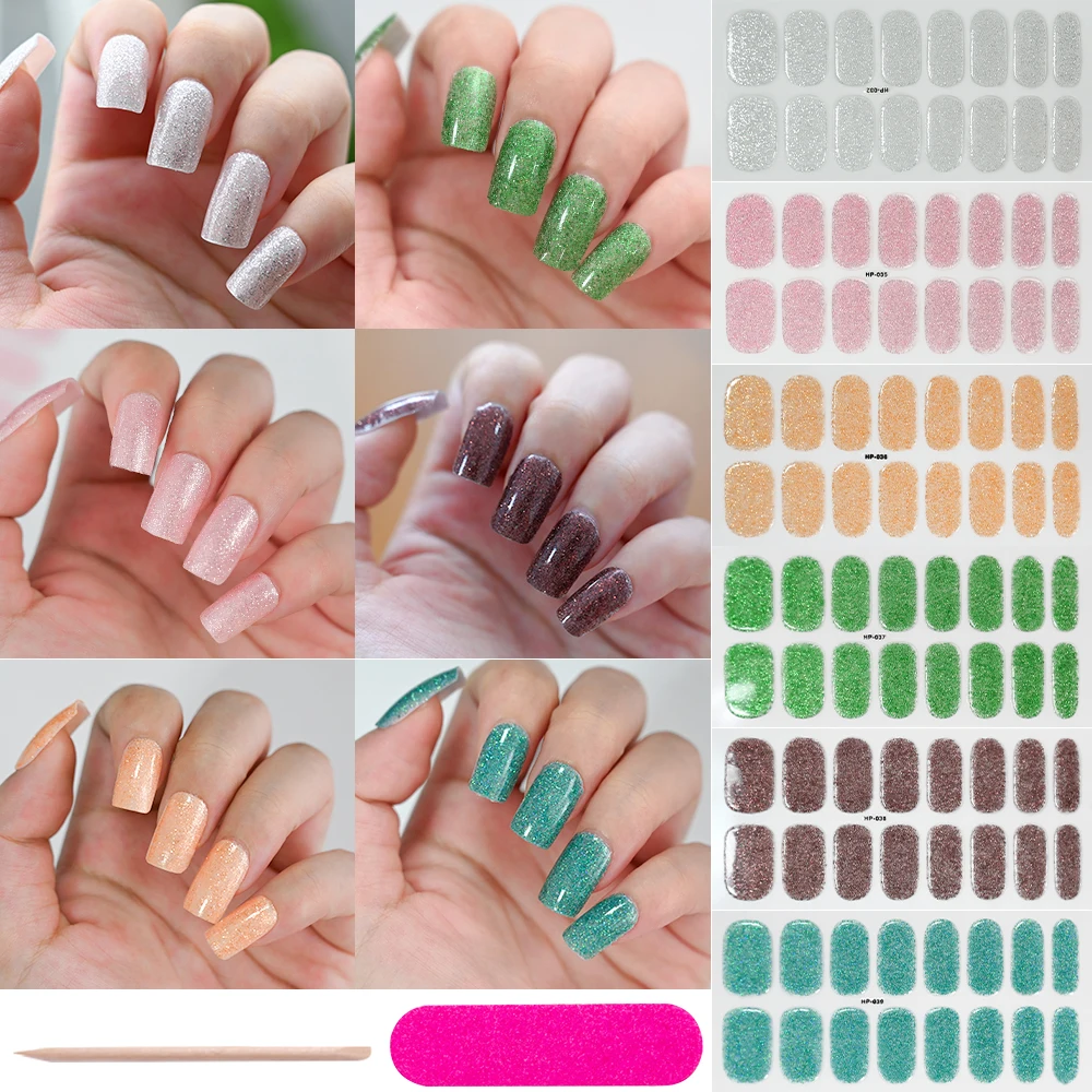 16Tips Sparkling Powder UV Semi-Cured Gel Nail Stickers Full Cover 6 Colors Lasting Self Adhesive Nail Wraps Manicure Supplies&*