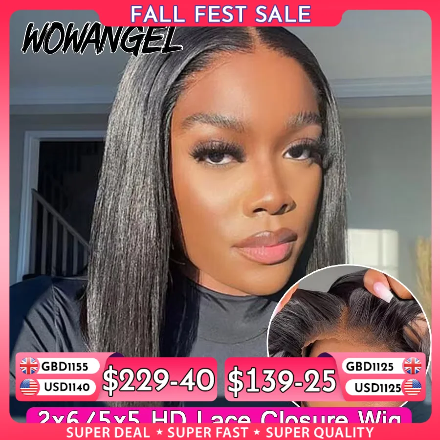WOWANGEL 2X6 HD Lace Closure Wigs Deep Part Glueless Wig Ready to Wear 5x5 HD Lace Closure Human Hair Wigs Straight Bob Wigs