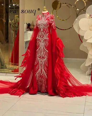 Röda muslimska kaftaner anpassade höghalsade fjädrar kristaller aftonklänningar mellanöstern formella festklänningar för bröllop arabiska 8 best sales Muslimsk aftonklänning - №2
