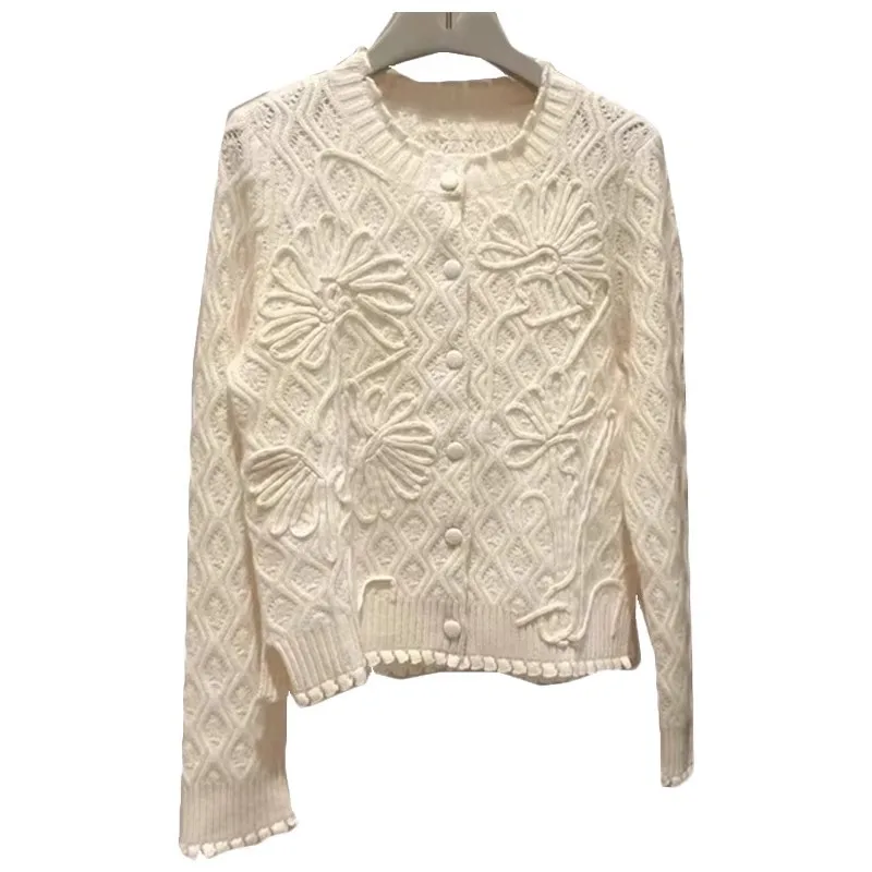 

Autumn French Fashion Flower Jacquard Cashmere Knitted Cardigan Women Versatile Wool Sweater Jacket Crochet Outerwear F44