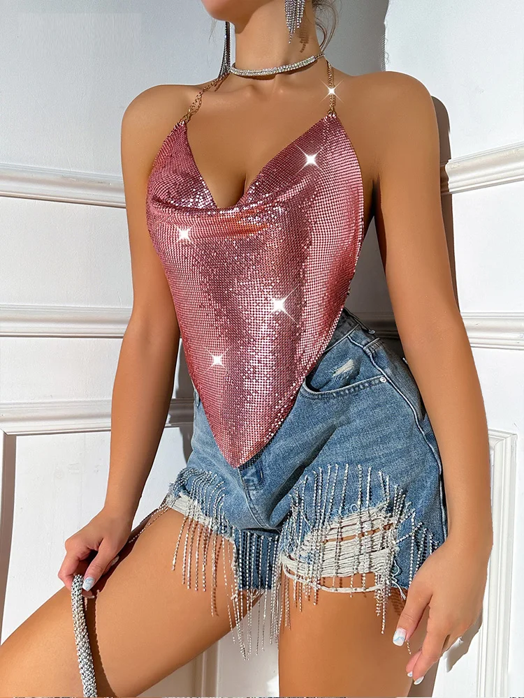 Canotta alla moda in cotta di maglia Elegante catena sottile in metallo con scollo a V senza schienale senza maniche Casual Halter con paillettes Maglia a rete Top corto per ragazze