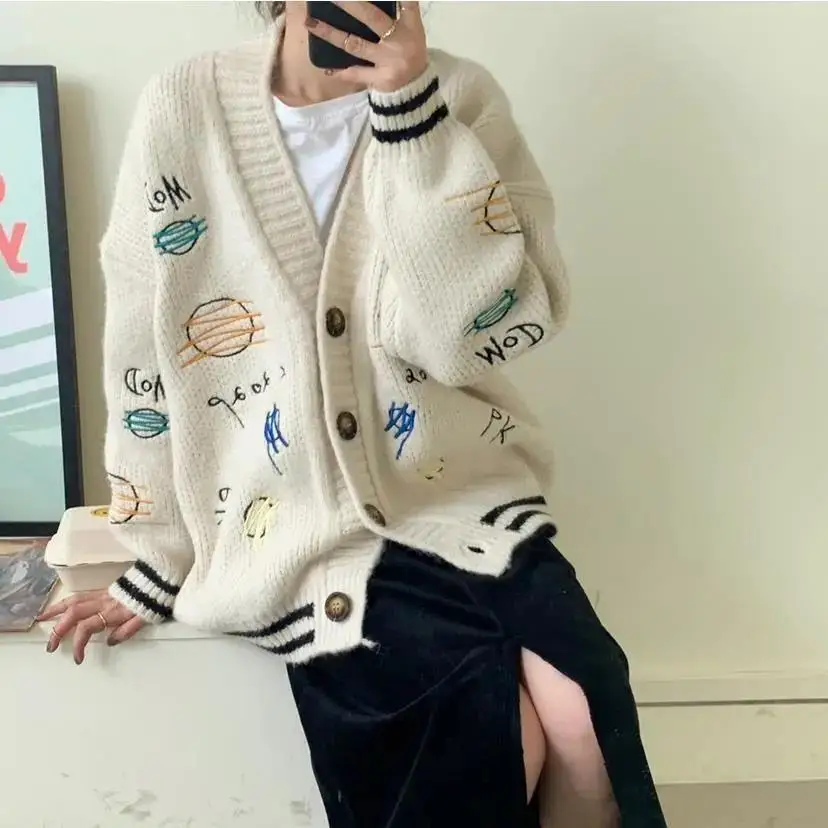 2023 Autumn/Winter Mid Length Loose Thickened Student Embroidered Knitted Cardigan Sweater Coat