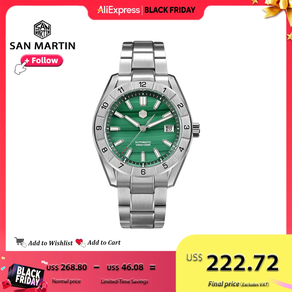 

San Martin 42 мм Роскошные мужские часы Зеленый малахитовый циферблат Механические наручные часы из нержавеющей стали с сапфировым стеклом Водонепроницаемые 10 бар SN0130G-B