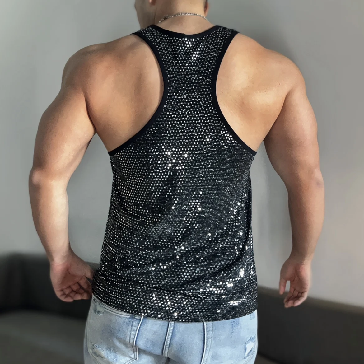 Camisola de alças prateada sem mangas masculina, alça fina, super espumante, boate, cantora de salto, muscle man fitness, verão