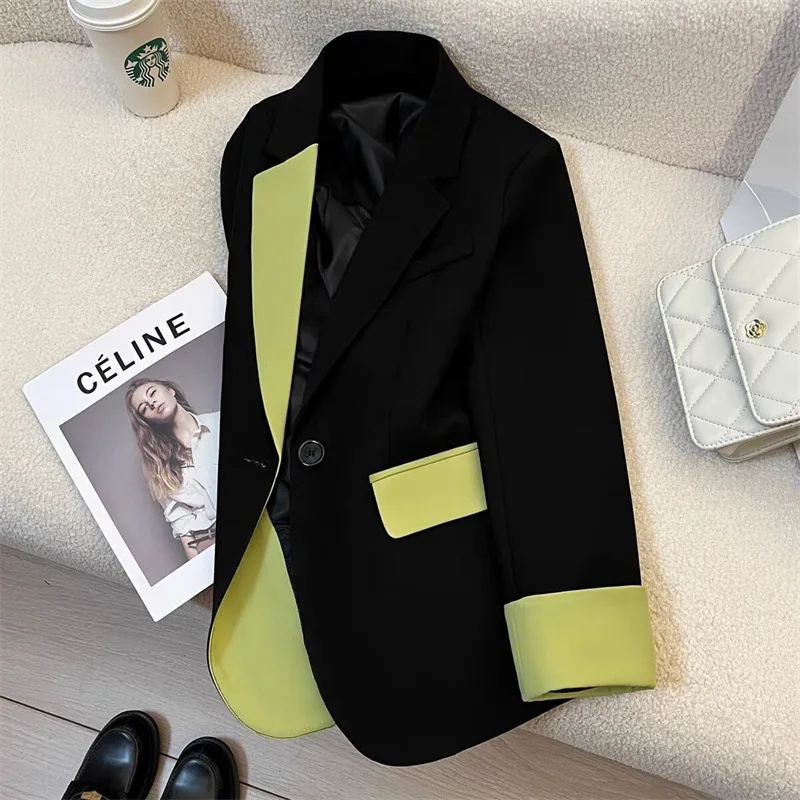 2024 Black Contrast Color Stitching Suit Jacket Fashion Pocket Commuter Long Sleeve Top Blazer Women Temperament Casual Jacket