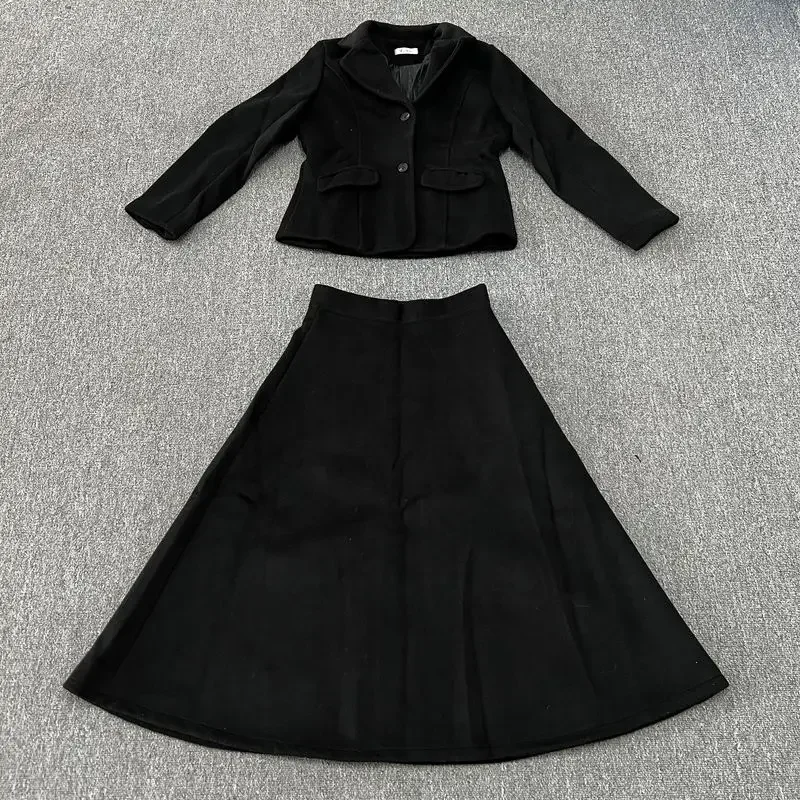 Traje de lana de Cachemira y algodón para mujer, conjunto de chaqueta y falda, temperamento elegante, Blazer largo para dama de oficina, conjuntos