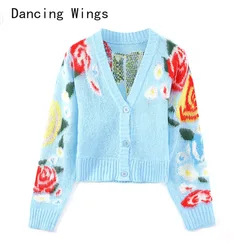 Winter Flower Jacquard Cardigan Women Long Sleeve Knitted Sweater Woman Button Short Autumn Sweaters