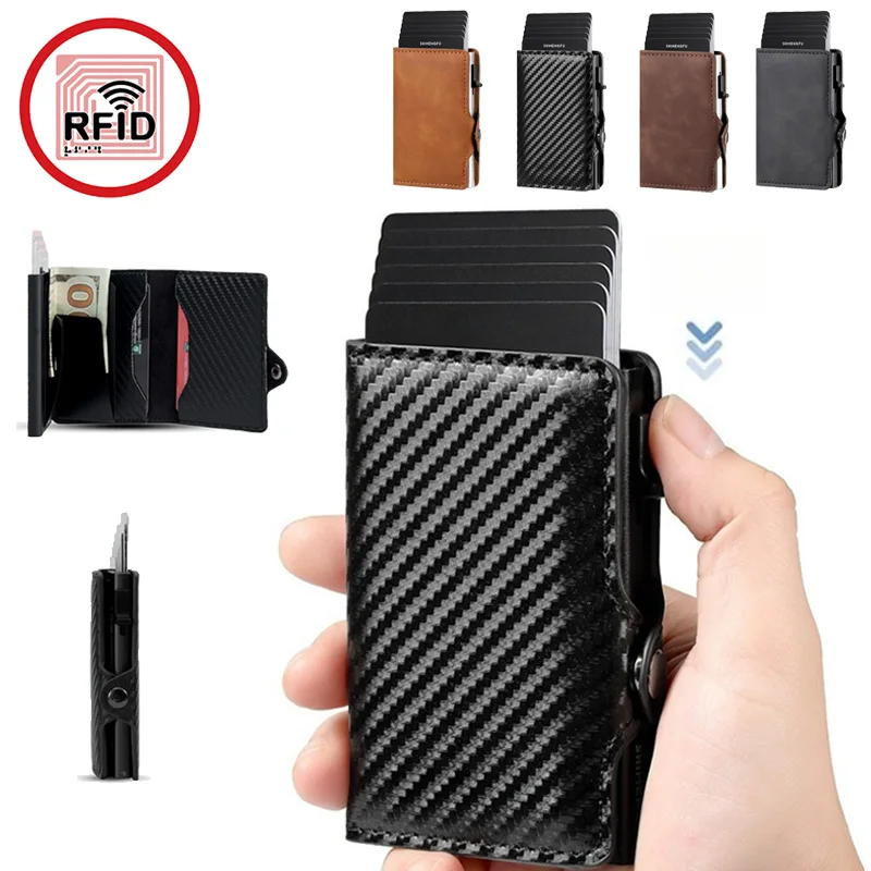 Porta-cartões de fibra de carbono com bloqueio RFID, estojo minimalista para cartões de identidade e bancários masculinos, carteira portátil multifuncional masculina.