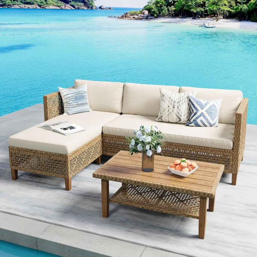 

Wicker Patio Furniture Set, Outdoor L-Shaped Sectional Sofa with Cushions and Acacia Wood Coffee Table, Boho Style.
