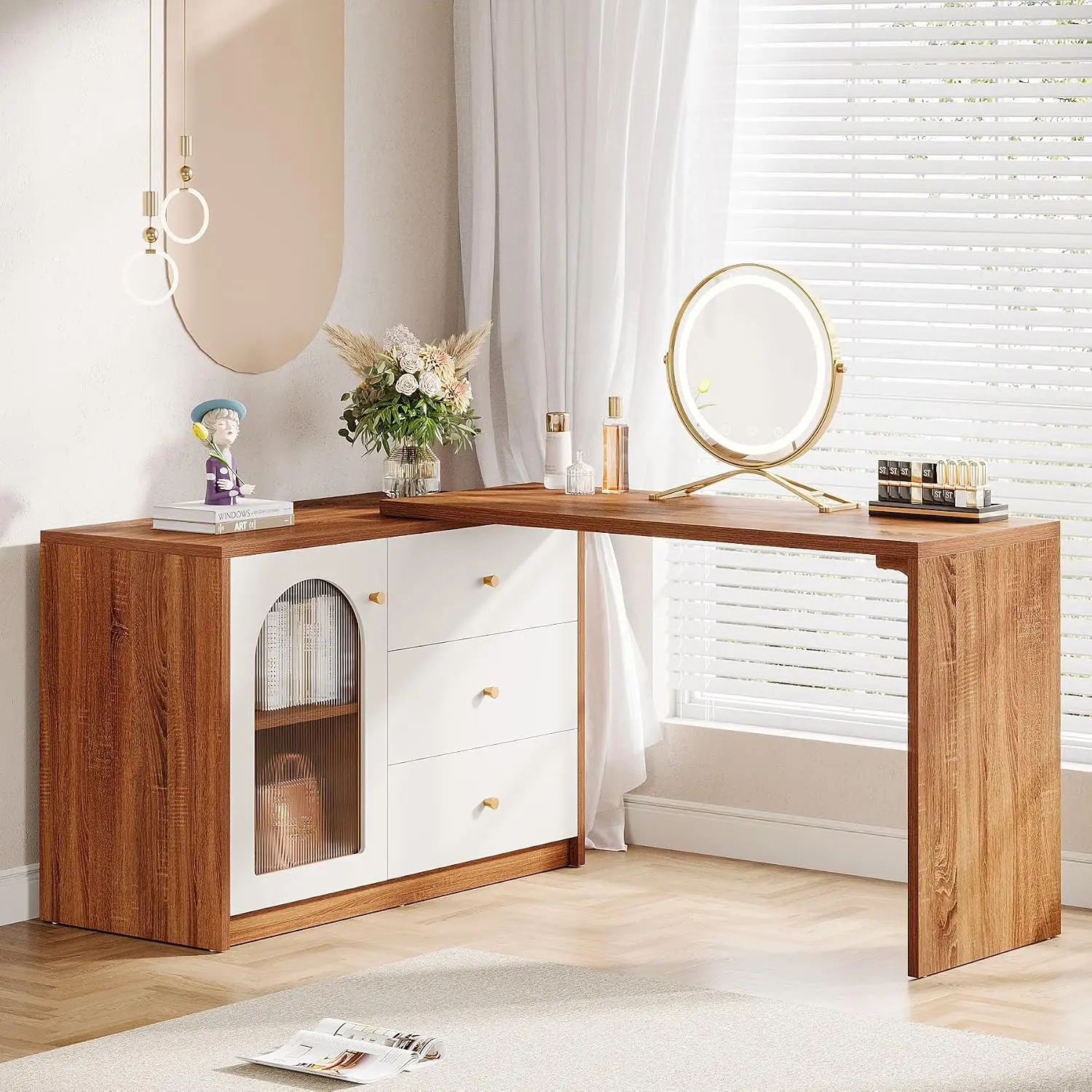 Retractable Makeup Vanity Desk Modern Dressing Table Walnut Bedroom Furniture, Customized