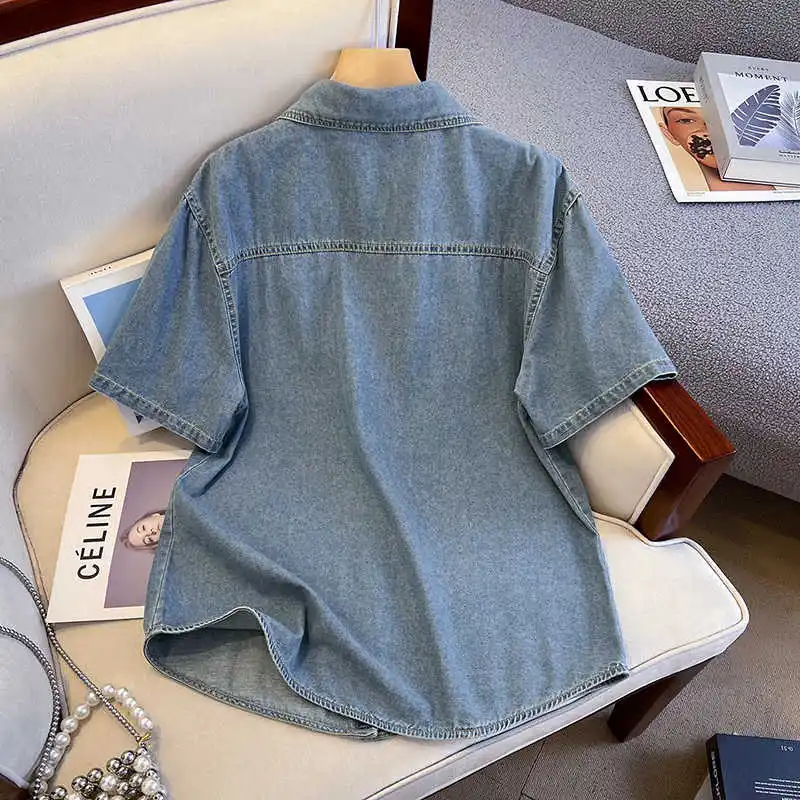 Camisa vaquera Retro para mujer, chaqueta de manga corta con solapa de un solo pecho, camisas informales azules versátiles a la moda para mujer