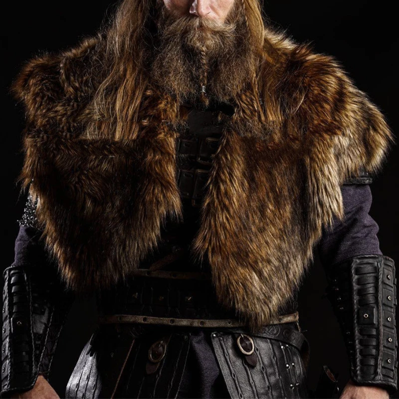 Medieval Faux Fur Collar Cape Cloak Viking Warrior Medieval Winter Clothing Fur Shawl Warm Wrap Men Halloween Carnival Costume