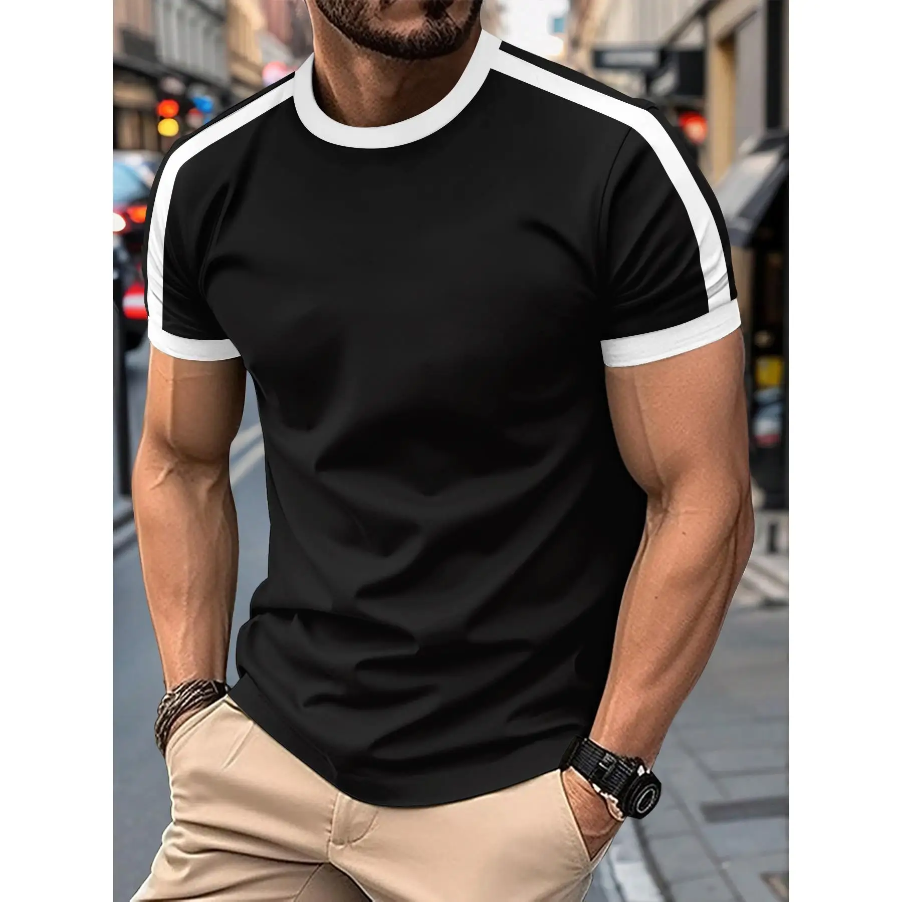 Novo verão elástico casual de manga curta masculino diário festa casa social cor combinando camiseta cor sólida vintage streetwear topo