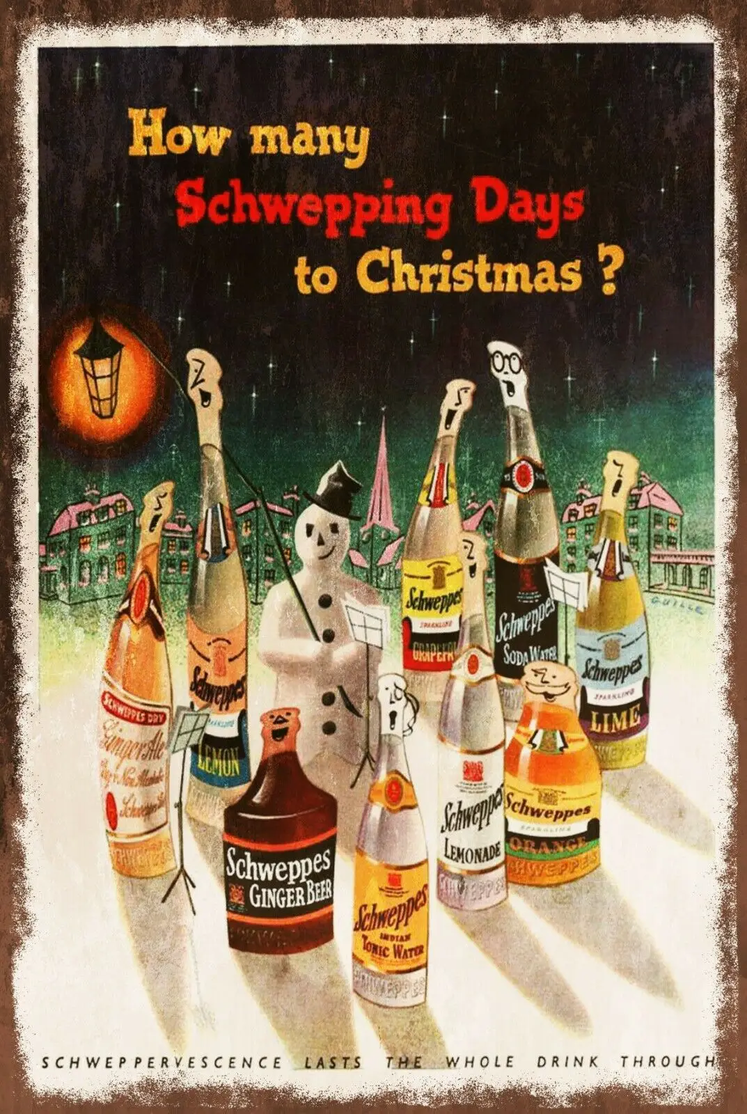 Letrero Metálico Estilo Retro Vintage con Anuncio Navideño de Schweppes, para Pub o Decoración de Habitación